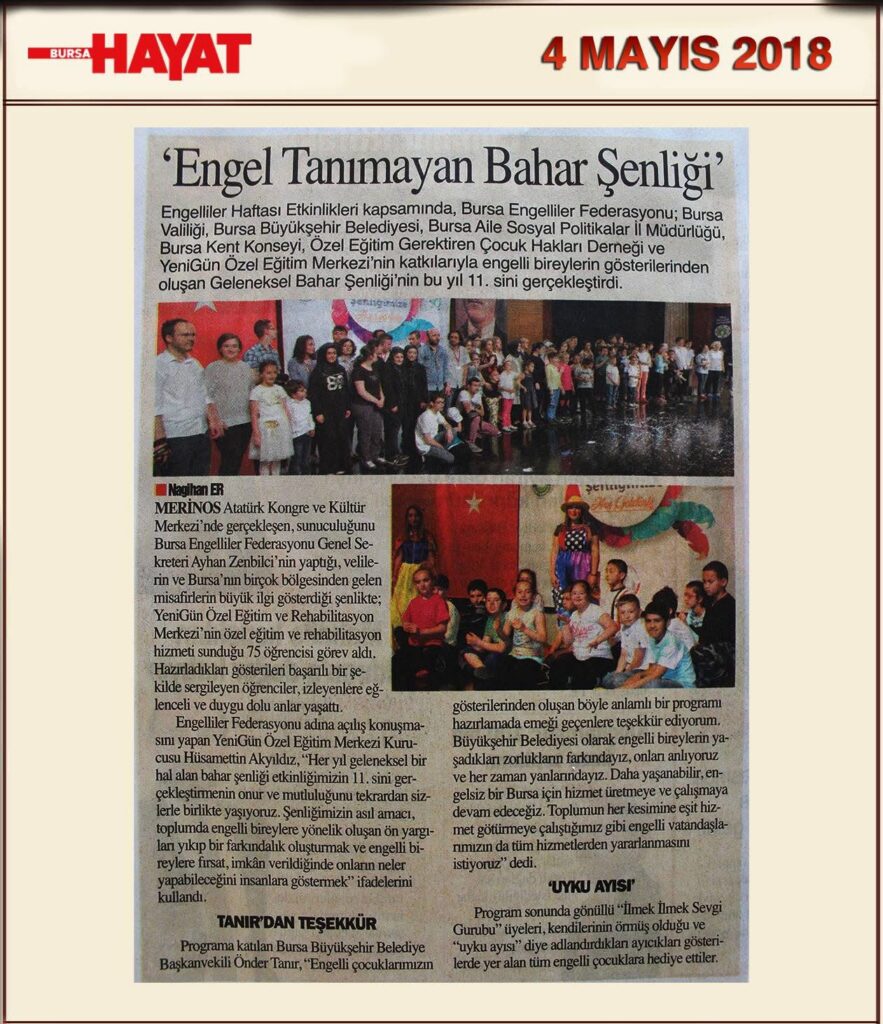 Bursa Hayat gazetesi, 4 Mayıs 2018 — Engel Tanımayan Bahar Şenliği